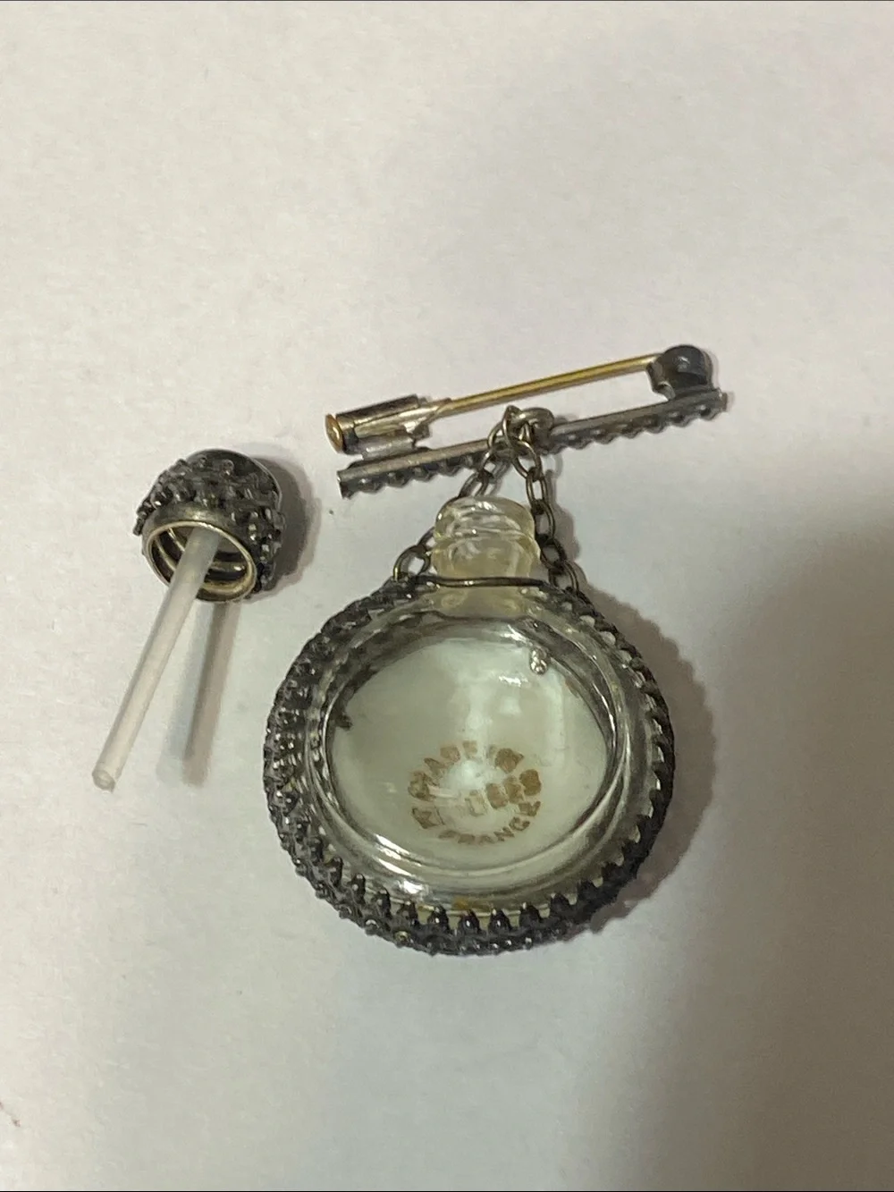 PRETTY Vintage Limoges Silver tone floral Filigree Perfume Bottle bar Pin Brooch